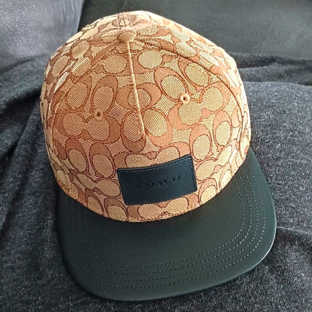Coach Baseball Cap Hat Canvas Tan Brown & Black Leather